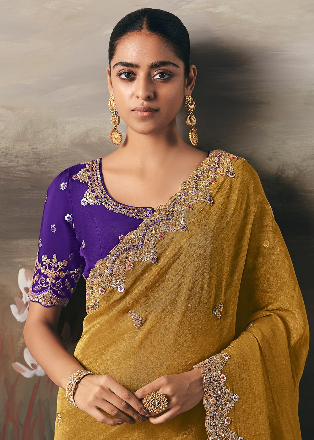 Mustard Yellow Designer Tissue Saree with Multi-Handcrafted Work