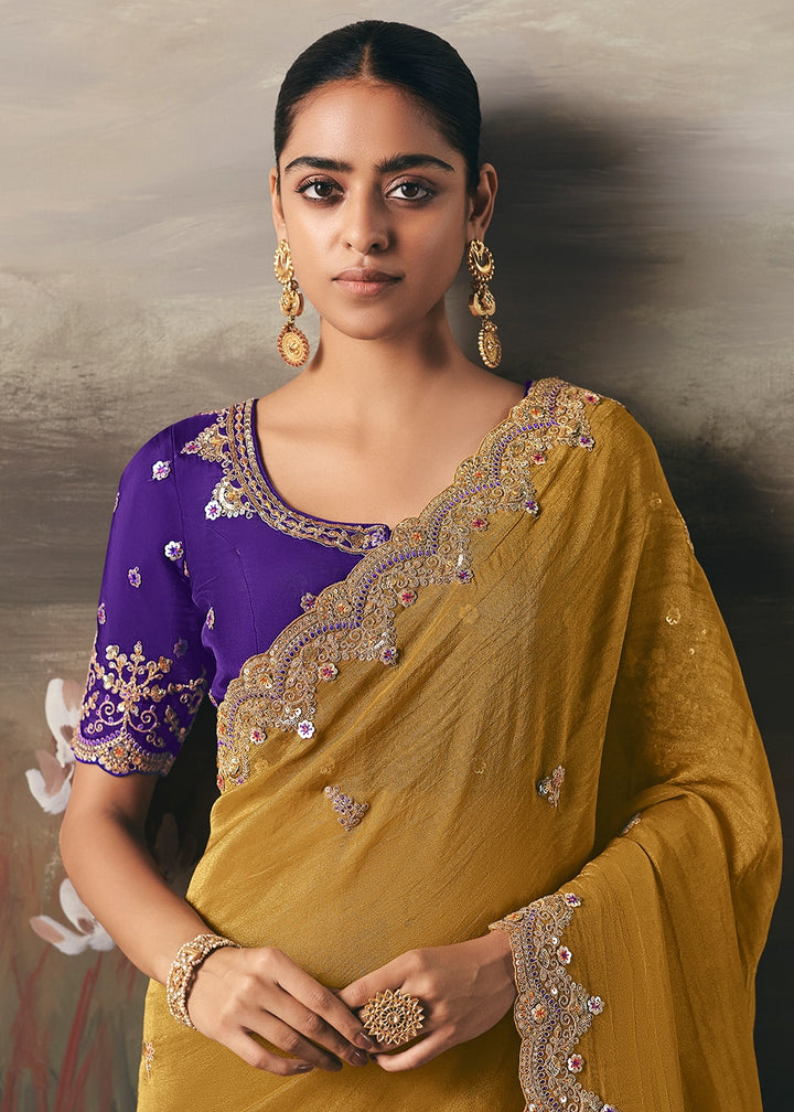 Mustard Yellow Designer Tissue Saree with Multi-Handcrafted Work