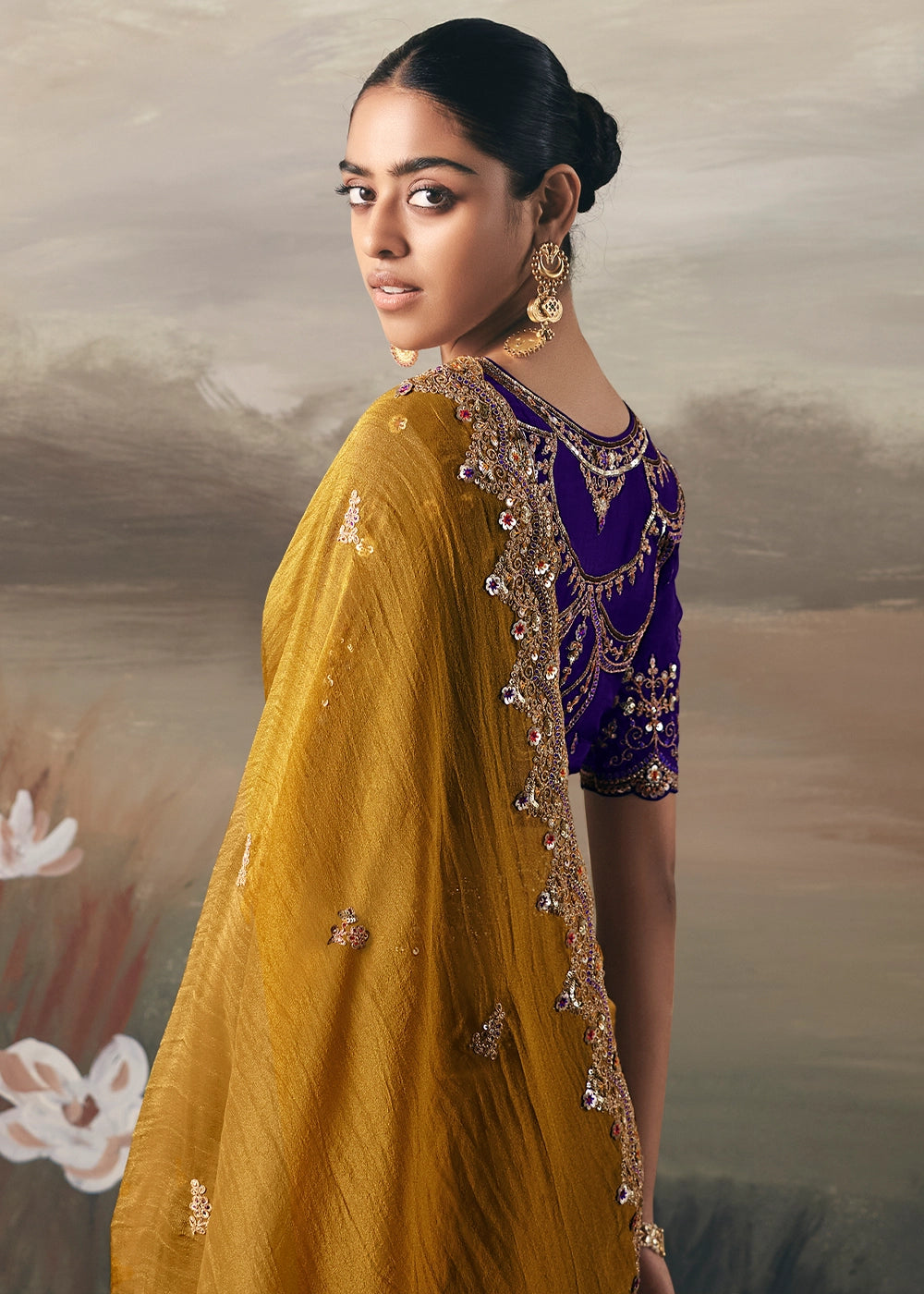 Mustard Yellow Designer Tissue Saree with Multi-Handcrafted Work