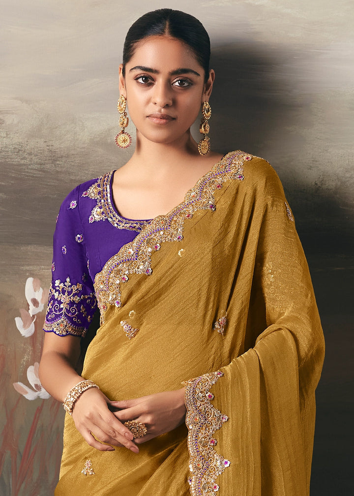Mustard Yellow Designer Tissue Saree with Multi-Handcrafted Work