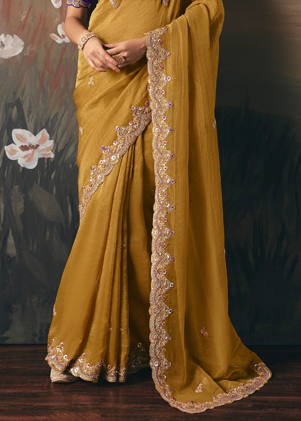 Mustard Yellow Designer Tissue Saree with Multi-Handcrafted Work