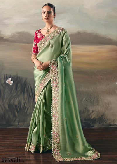 Mantis Green Designer Tissue Saree with Multi-Handcrafted Work