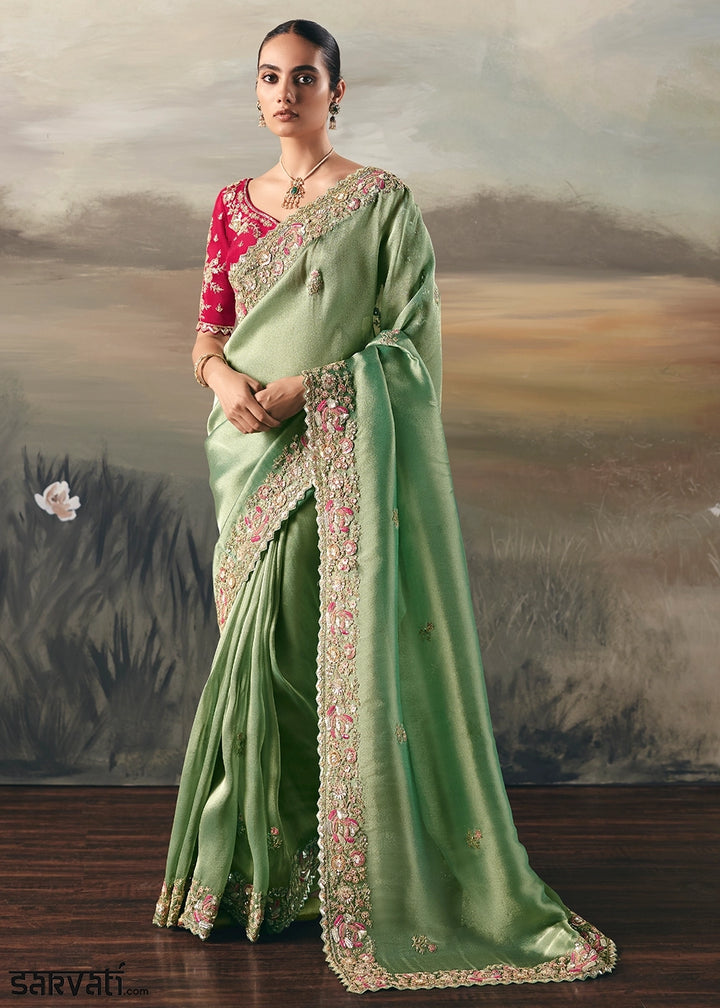 Mantis Green Designer Tissue Saree with Multi-Handcrafted Work