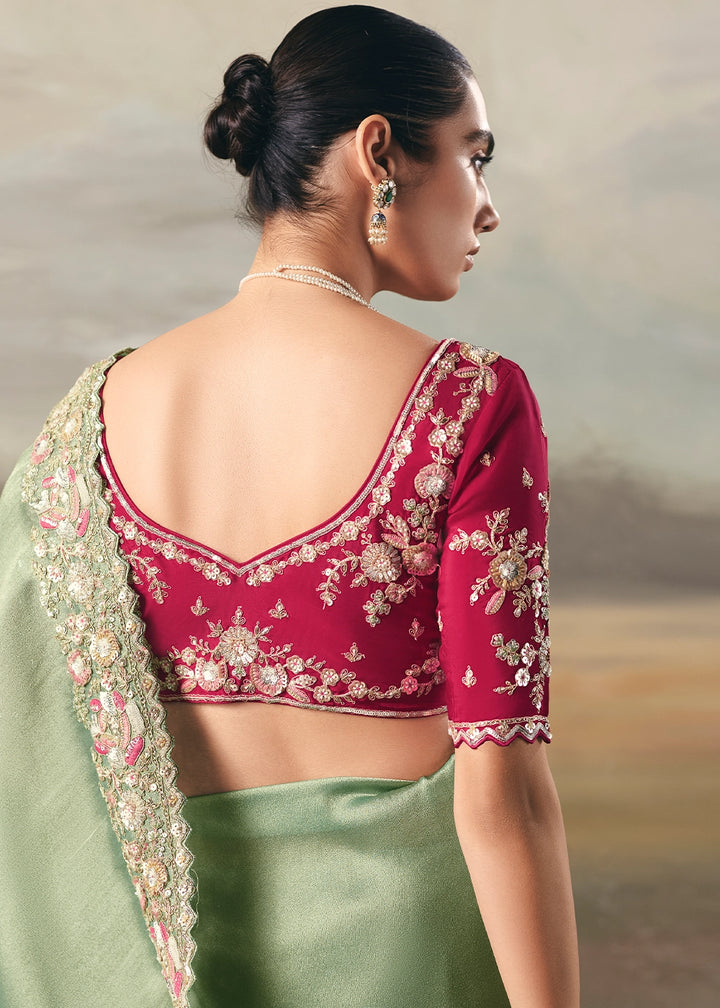 Mantis Green Designer Tissue Saree with Multi-Handcrafted Work