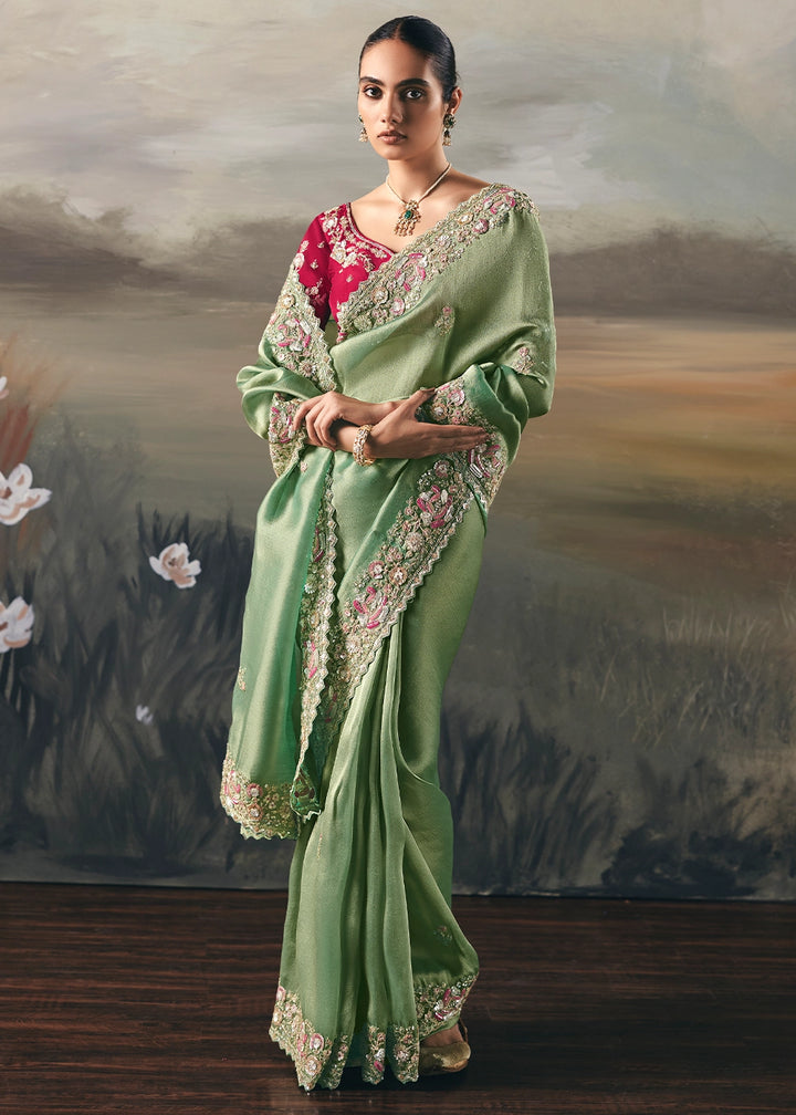 Mantis Green Designer Tissue Saree with Multi-Handcrafted Work