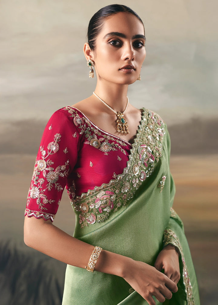 Mantis Green Designer Tissue Saree with Multi-Handcrafted Work
