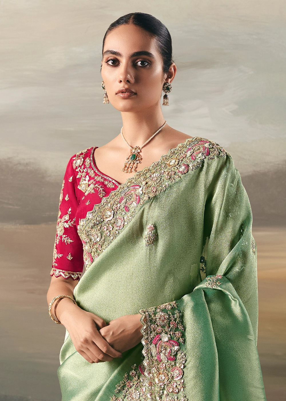 Mantis Green Designer Tissue Saree with Multi-Handcrafted Work