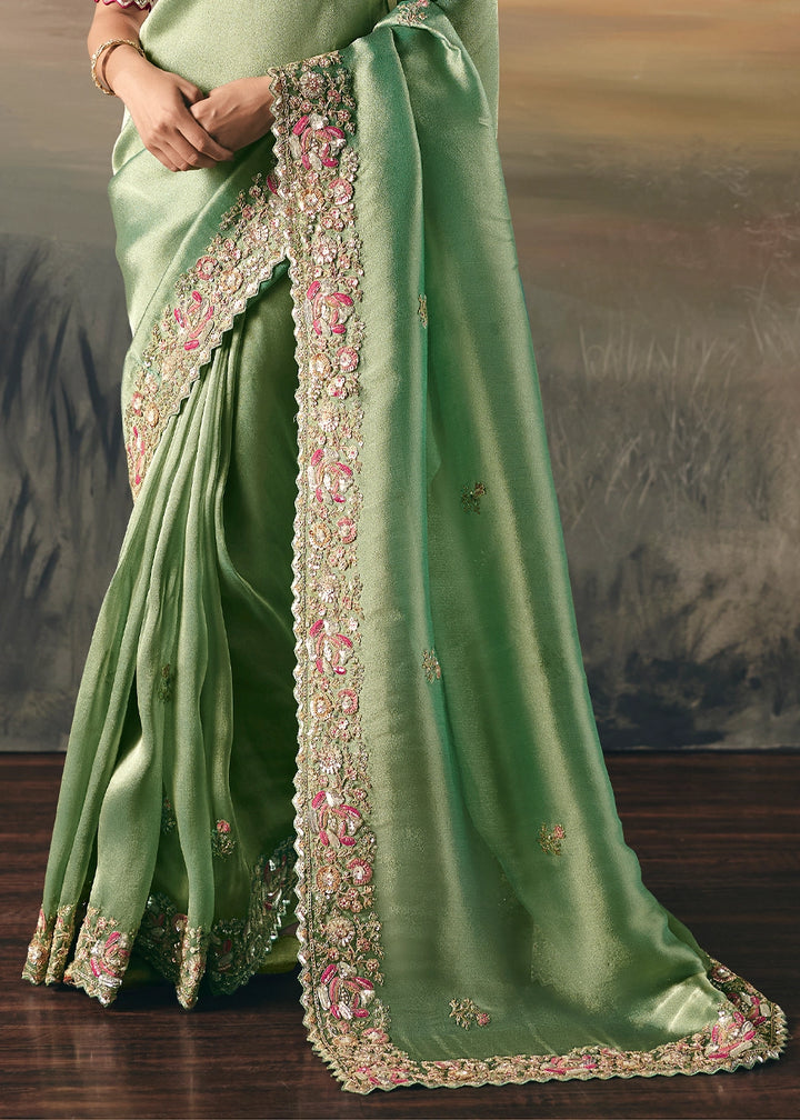 Mantis Green Designer Tissue Saree with Multi-Handcrafted Work