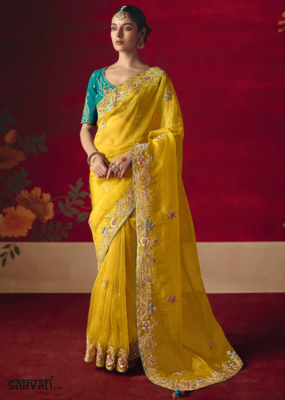 Cyber Yellow Tissue Silk Saree adorned with Sequins and Thread Embroidery