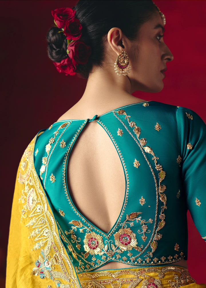 Cyber Yellow Tissue Silk Saree adorned with Sequins and Thread Embroidery