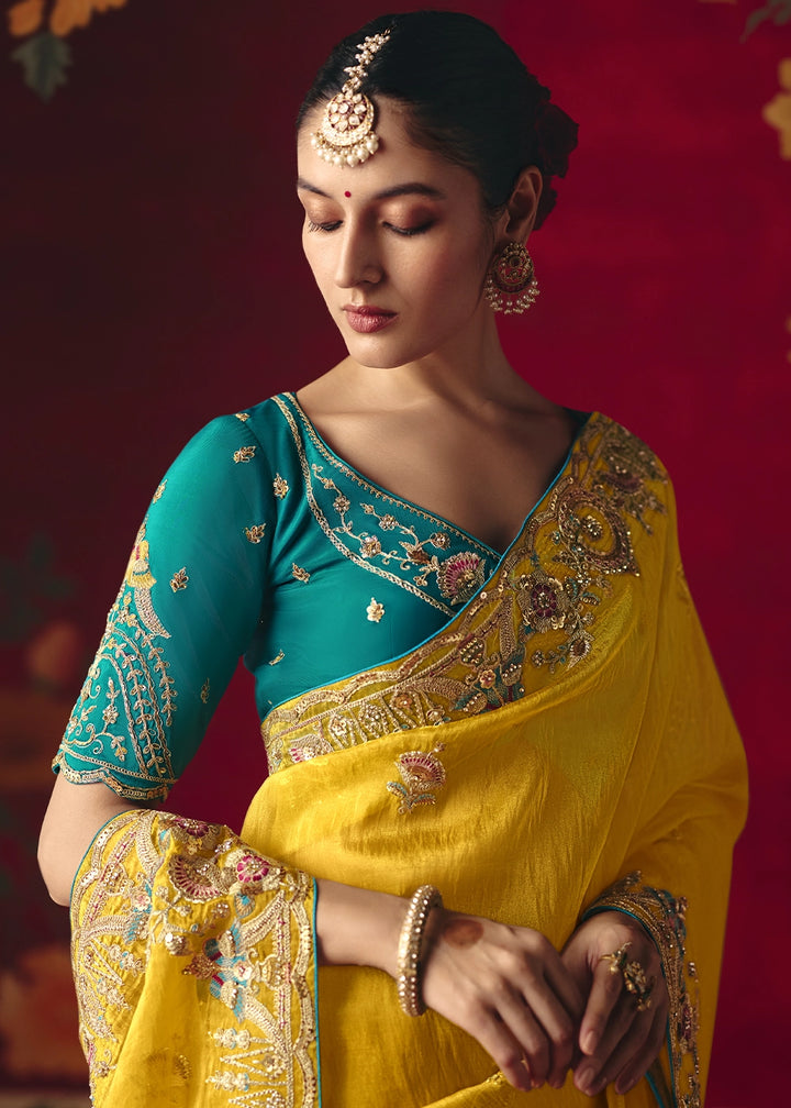 Cyber Yellow Tissue Silk Saree adorned with Sequins and Thread Embroidery