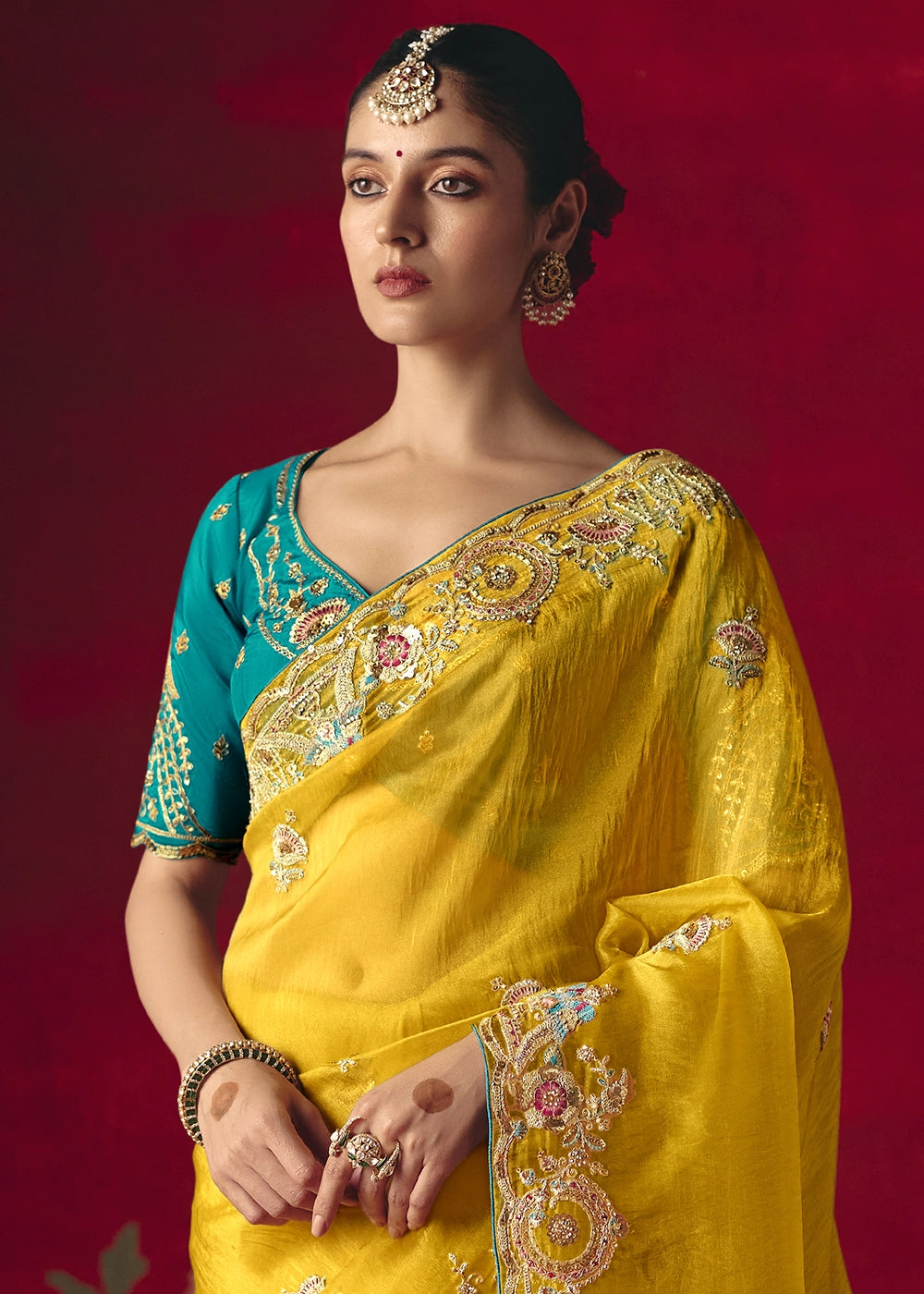 Cyber Yellow Tissue Silk Saree adorned with Sequins and Thread Embroidery