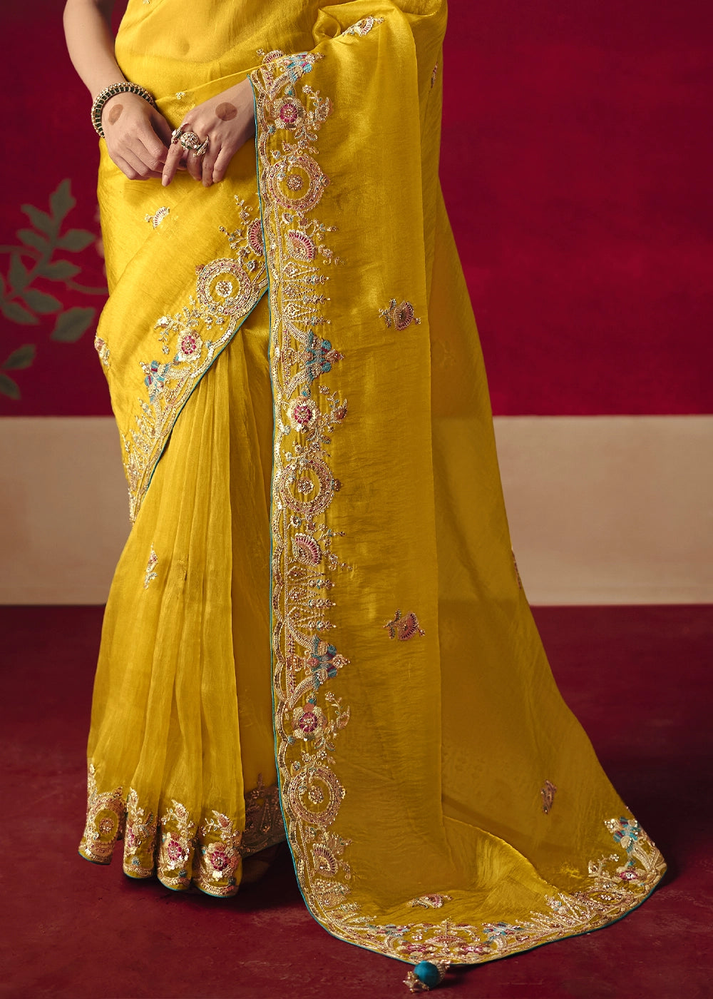 Cyber Yellow Tissue Silk Saree adorned with Sequins and Thread Embroidery