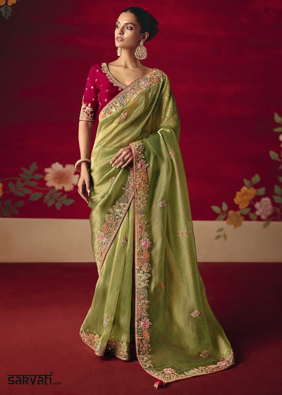 Pear Green Tissue Silk Saree adorned with Sequins and Thread Embroidery