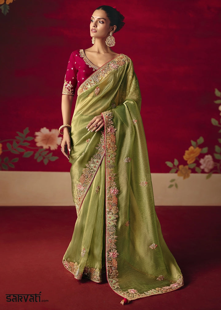 Pear Green Tissue Silk Saree adorned with Sequins and Thread Embroidery
