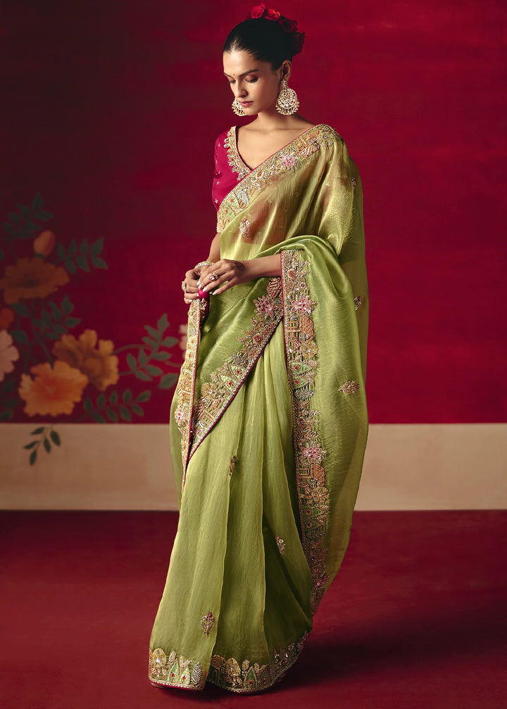 Pear Green Tissue Silk Saree adorned with Sequins and Thread Embroidery