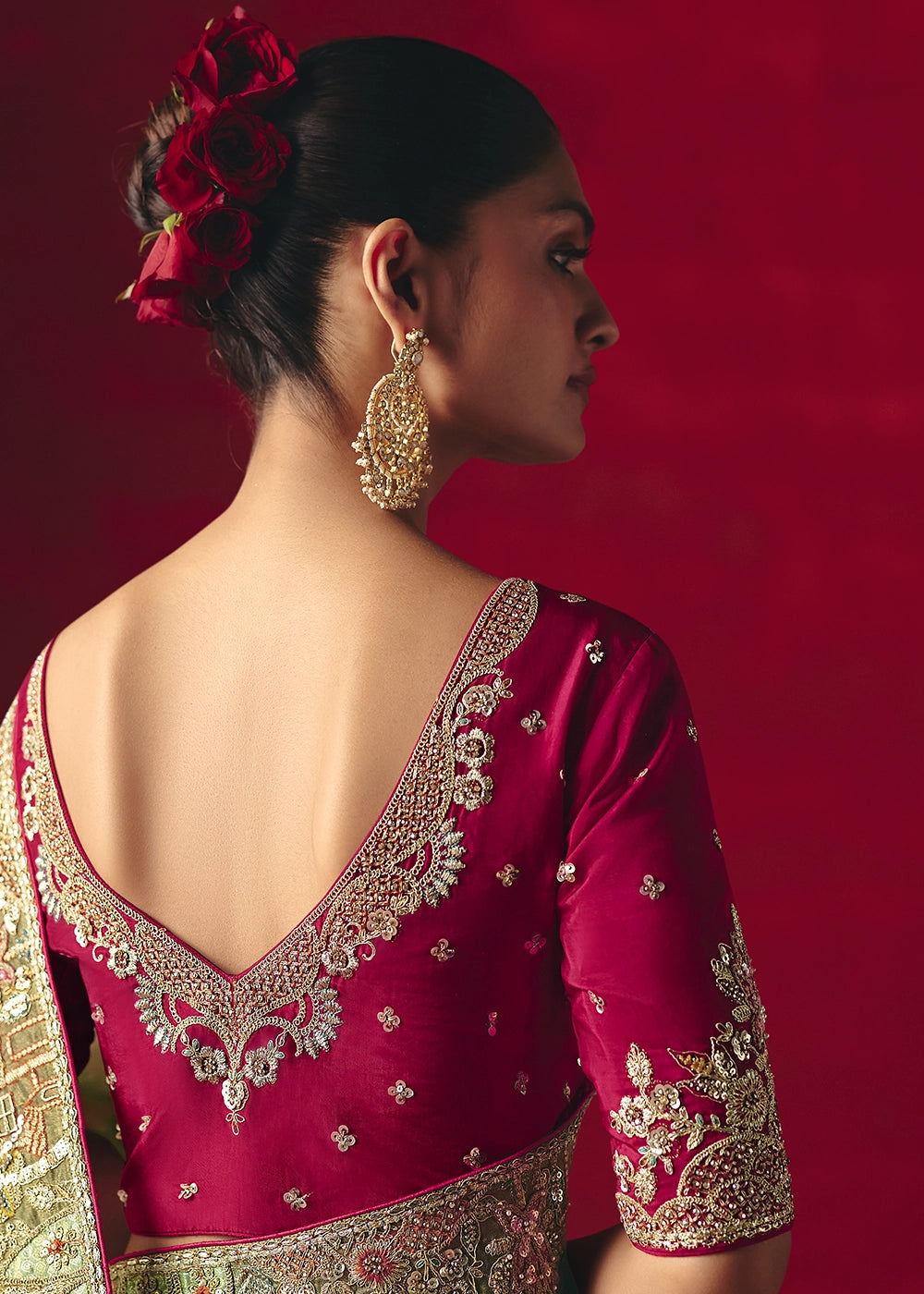 Pear Green Tissue Silk Saree adorned with Sequins and Thread Embroidery