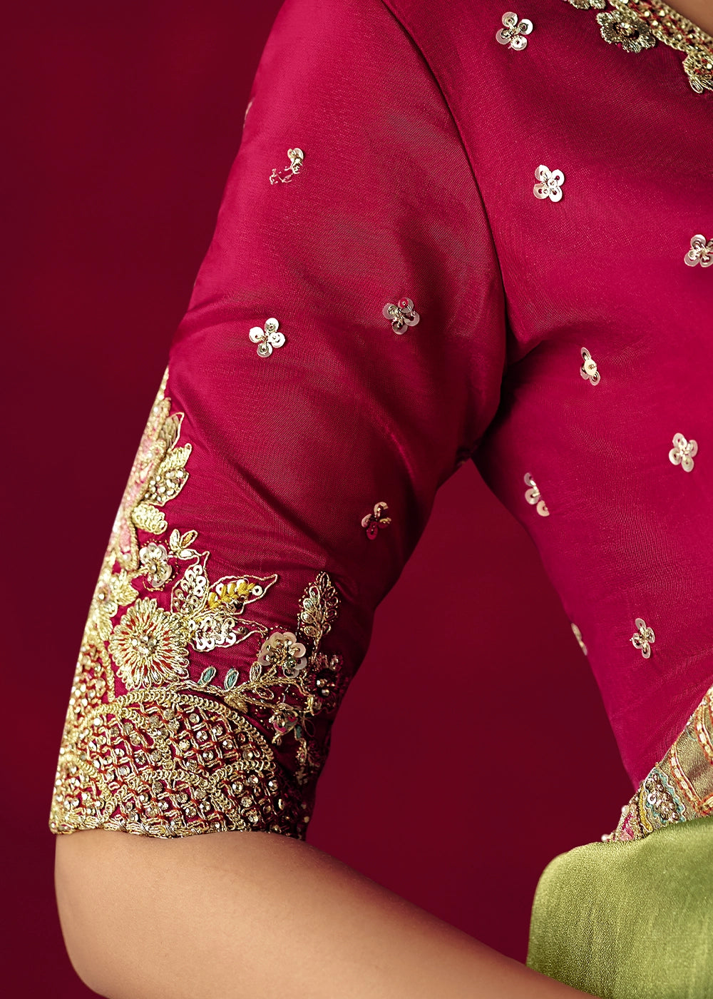 Pear Green Tissue Silk Saree adorned with Sequins and Thread Embroidery