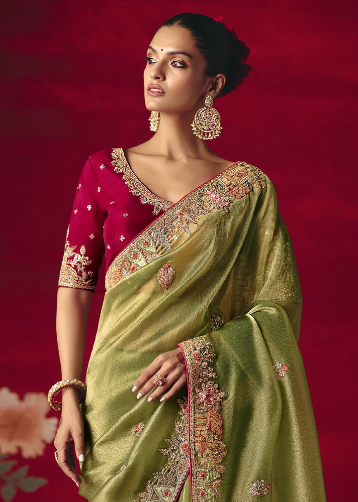 Pear Green Tissue Silk Saree adorned with Sequins and Thread Embroidery