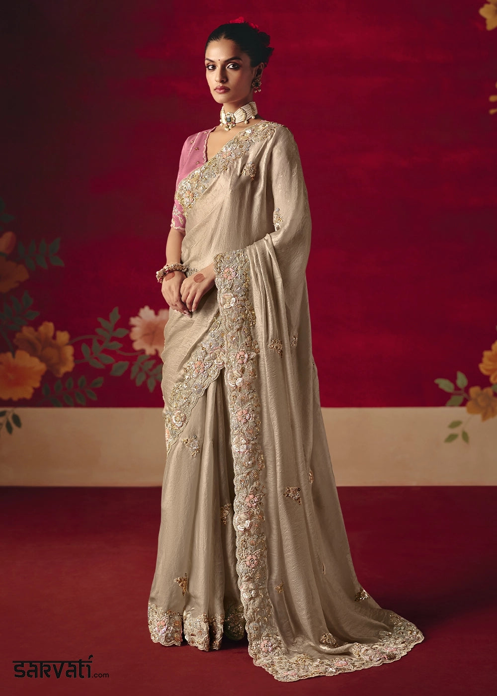 Greyish Brown Tissue Silk Saree adorned with Sequins and Thread Embroidery