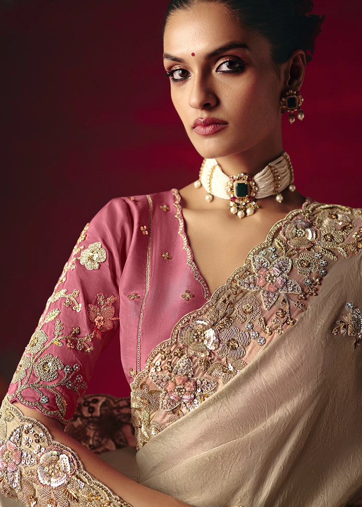 Greyish Brown Tissue Silk Saree adorned with Sequins and Thread Embroidery