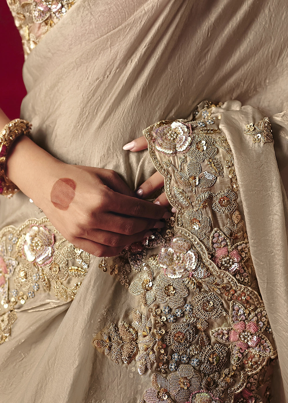 Greyish Brown Tissue Silk Saree adorned with Sequins and Thread Embroidery
