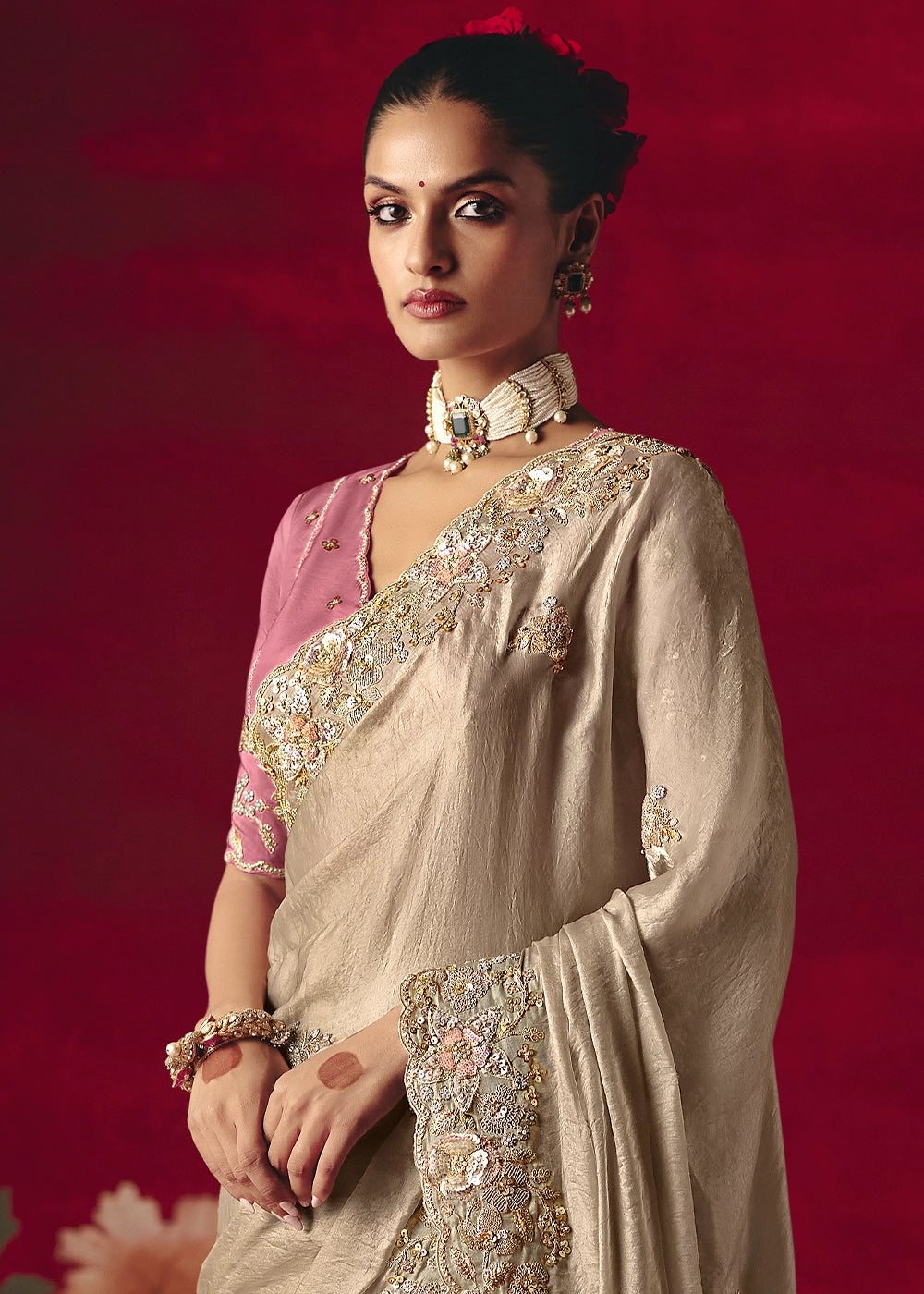 Greyish Brown Tissue Silk Saree adorned with Sequins and Thread Embroidery