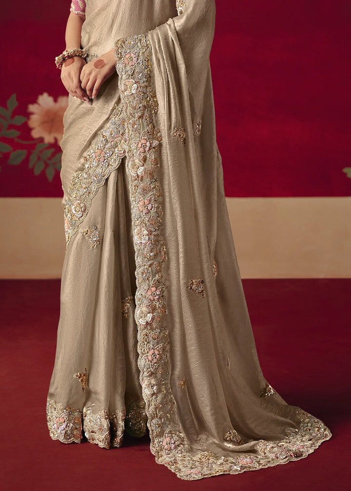 Greyish Brown Tissue Silk Saree adorned with Sequins and Thread Embroidery