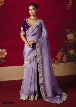 Wisteria Purple Tissue Silk Saree adorned with Sequins and Thread Embroidery