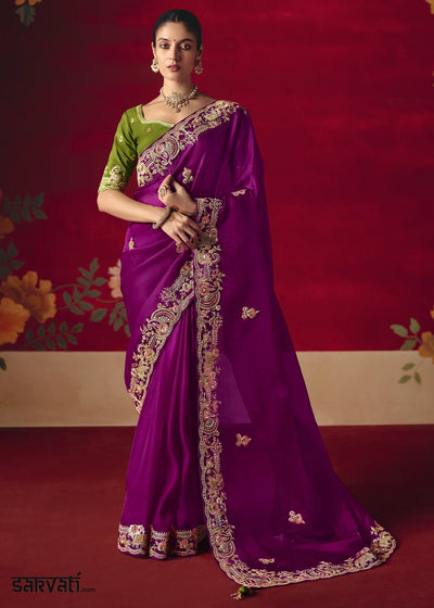 Lollipop Purple Tissue Silk Saree adorned with Sequins and Thread Embroidery