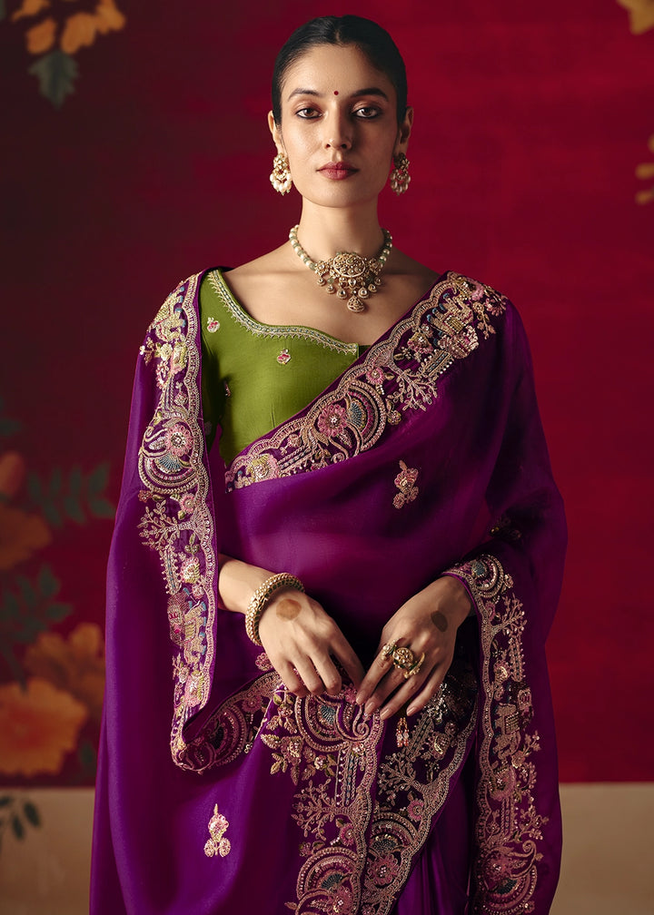 Lollipop Purple Tissue Silk Saree adorned with Sequins and Thread Embroidery