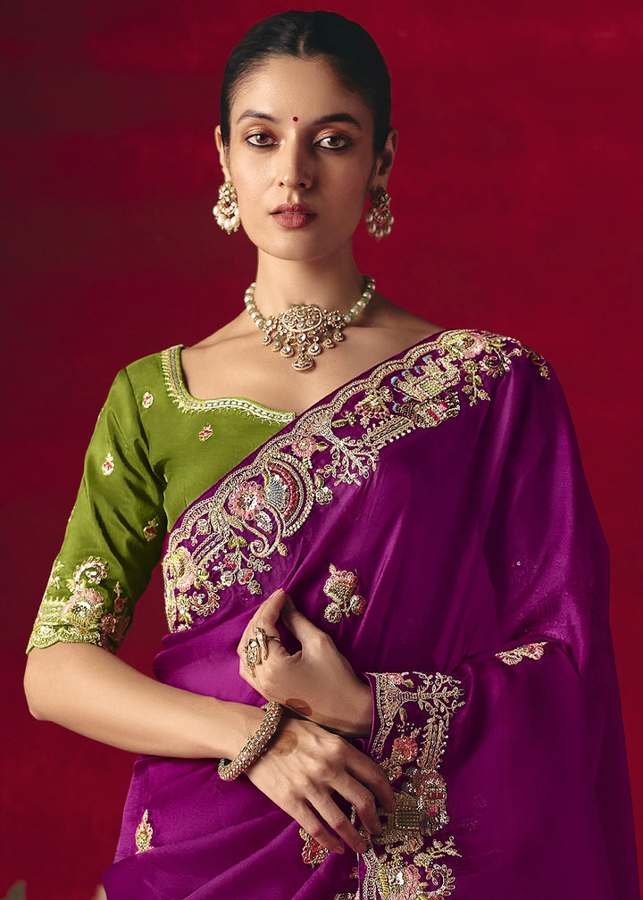 Lollipop Purple Tissue Silk Saree adorned with Sequins and Thread Embroidery