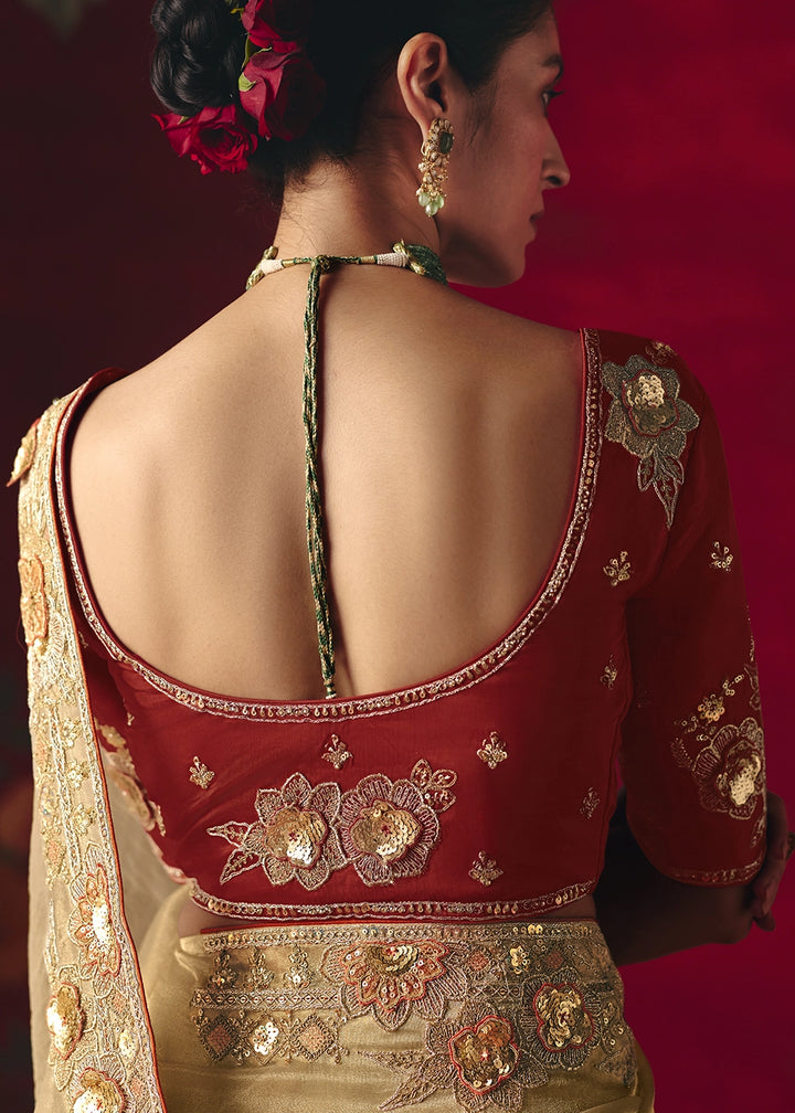 Beige Brown Tissue Silk Saree adorned with Sequins and Thread Embroidery