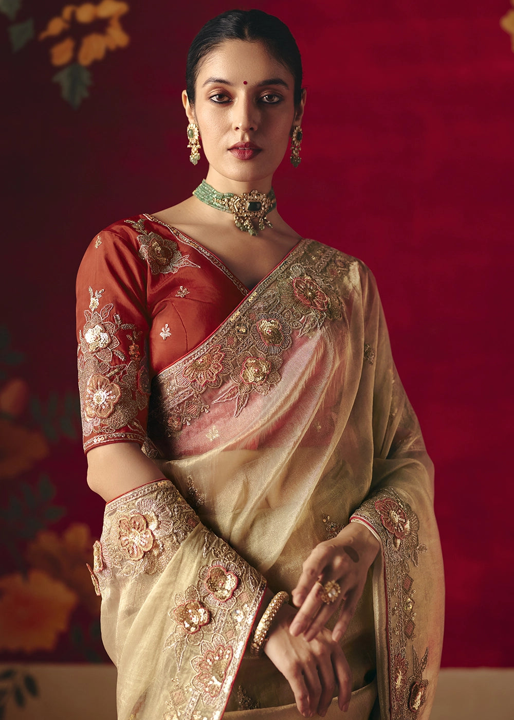 Beige Brown Tissue Silk Saree adorned with Sequins and Thread Embroidery