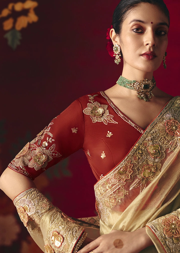 Beige Brown Tissue Silk Saree adorned with Sequins and Thread Embroidery