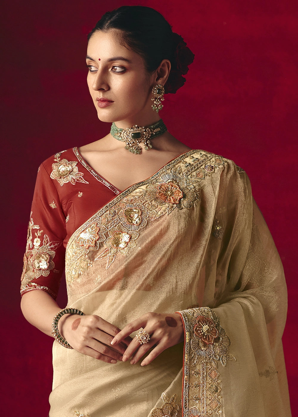 Beige Brown Tissue Silk Saree adorned with Sequins and Thread Embroidery