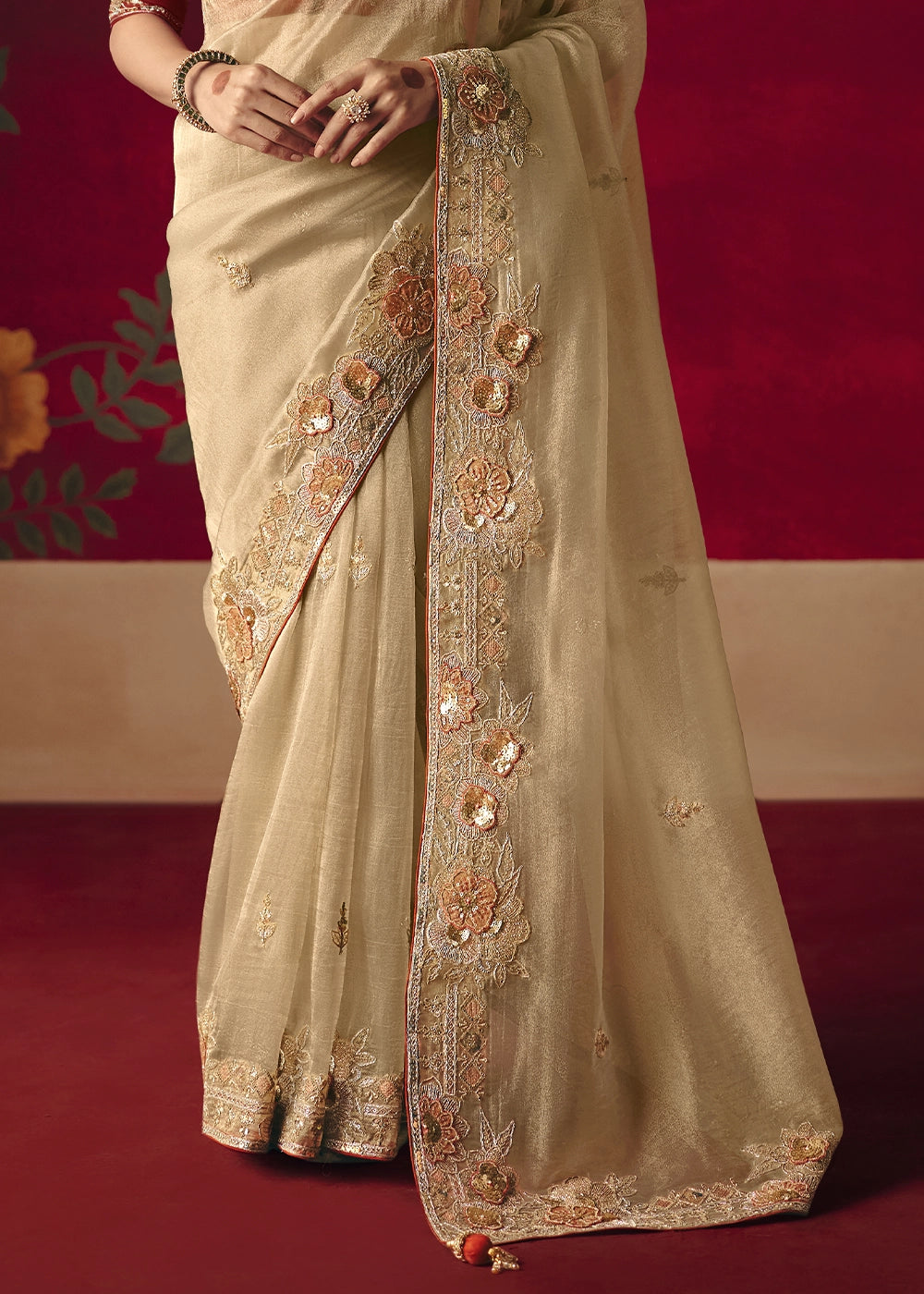Beige Brown Tissue Silk Saree adorned with Sequins and Thread Embroidery