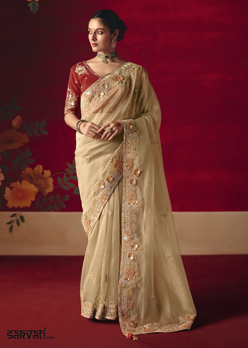 Beige Brown Tissue Silk Saree adorned with Sequins and Thread Embroidery