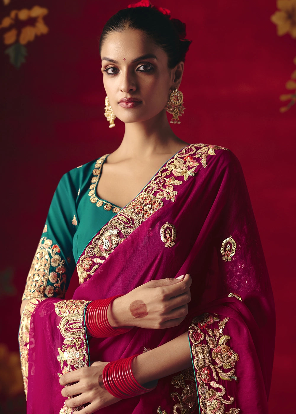 Raspberry Pink Tissue Silk Saree adorned with Sequins and Thread Embroidery