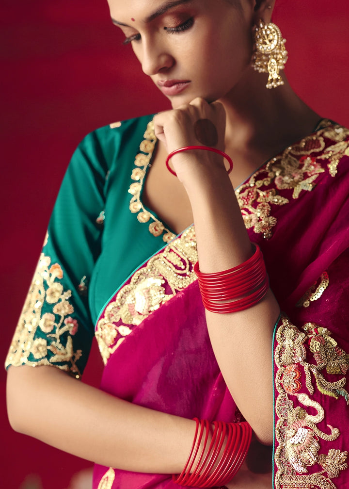 Raspberry Pink Tissue Silk Saree adorned with Sequins and Thread Embroidery