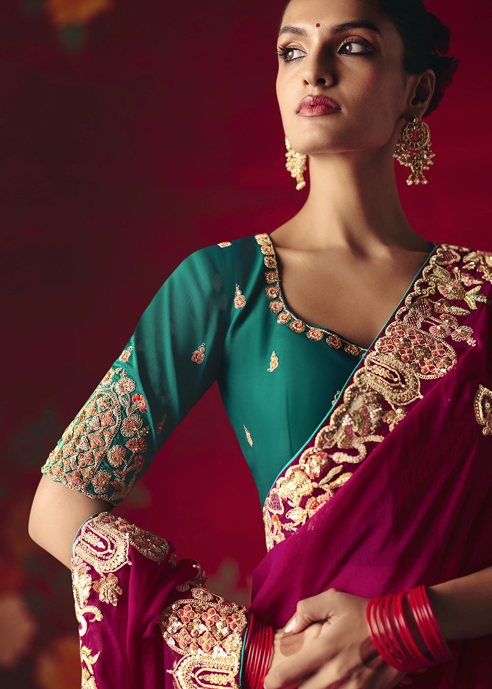 Raspberry Pink Tissue Silk Saree adorned with Sequins and Thread Embroidery