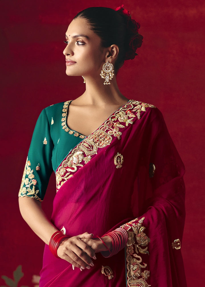 Raspberry Pink Tissue Silk Saree adorned with Sequins and Thread Embroidery