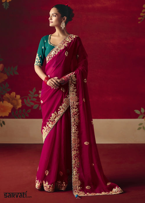 Raspberry Pink Tissue Silk Saree adorned with Sequins and Thread Embroidery