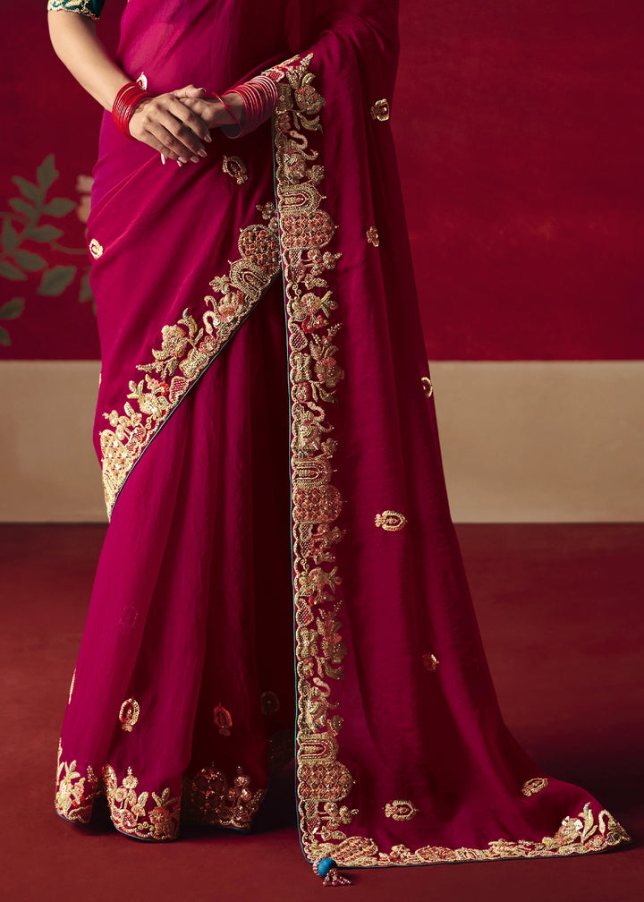 Raspberry Pink Tissue Silk Saree adorned with Sequins and Thread Embroidery