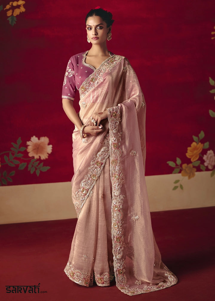 Light Pink Tissue Silk Saree adorned with Sequins and Thread Embroidery