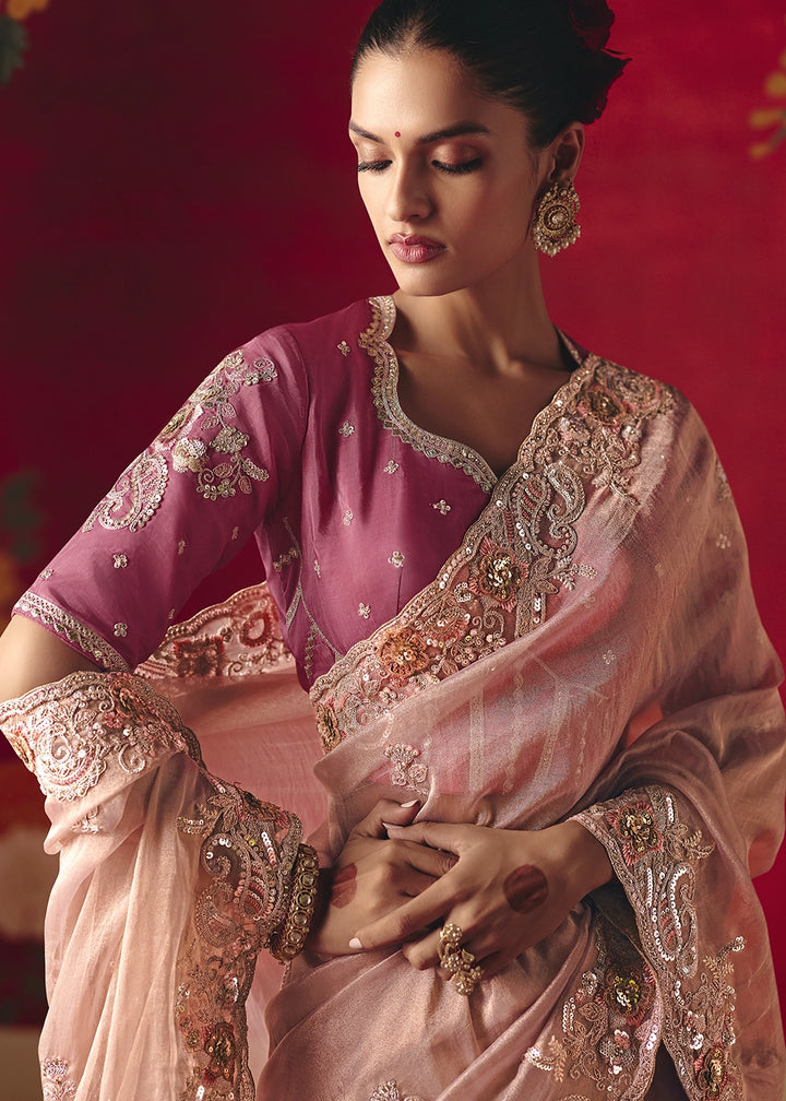 Light Pink Tissue Silk Saree adorned with Sequins and Thread Embroidery