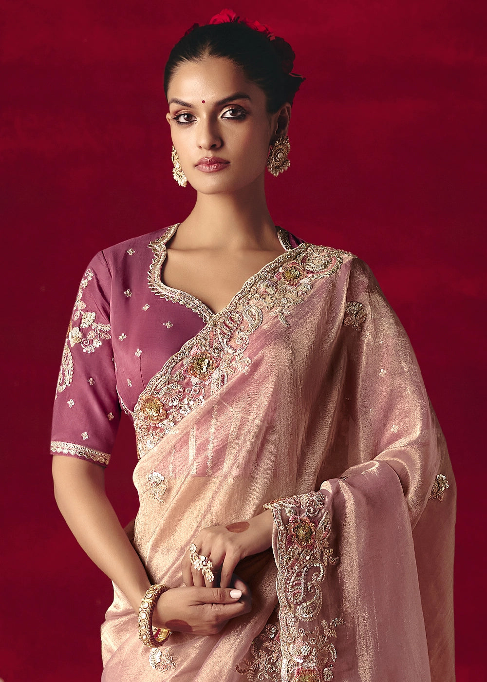 Light Pink Tissue Silk Saree adorned with Sequins and Thread Embroidery