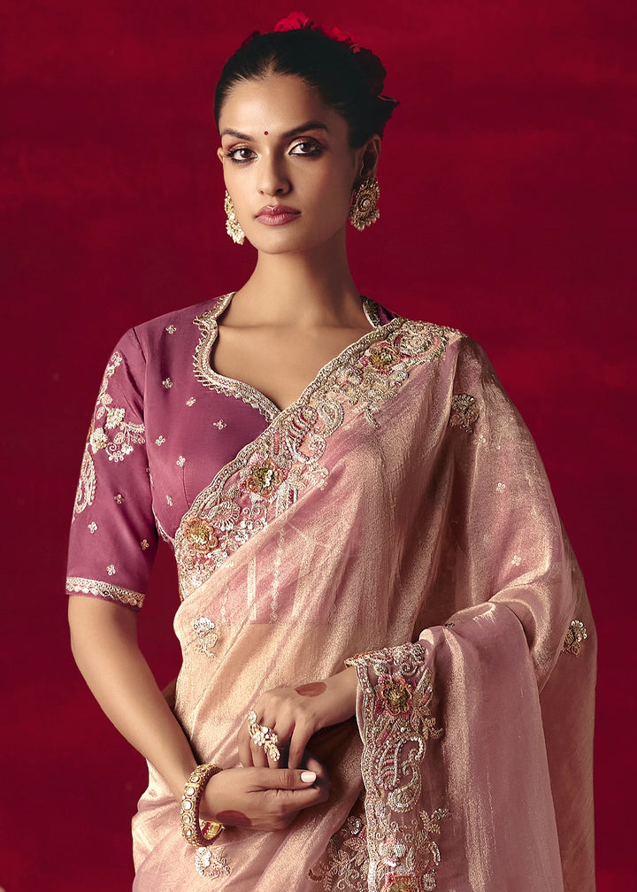 Light Pink Tissue Silk Saree adorned with Sequins and Thread Embroidery
