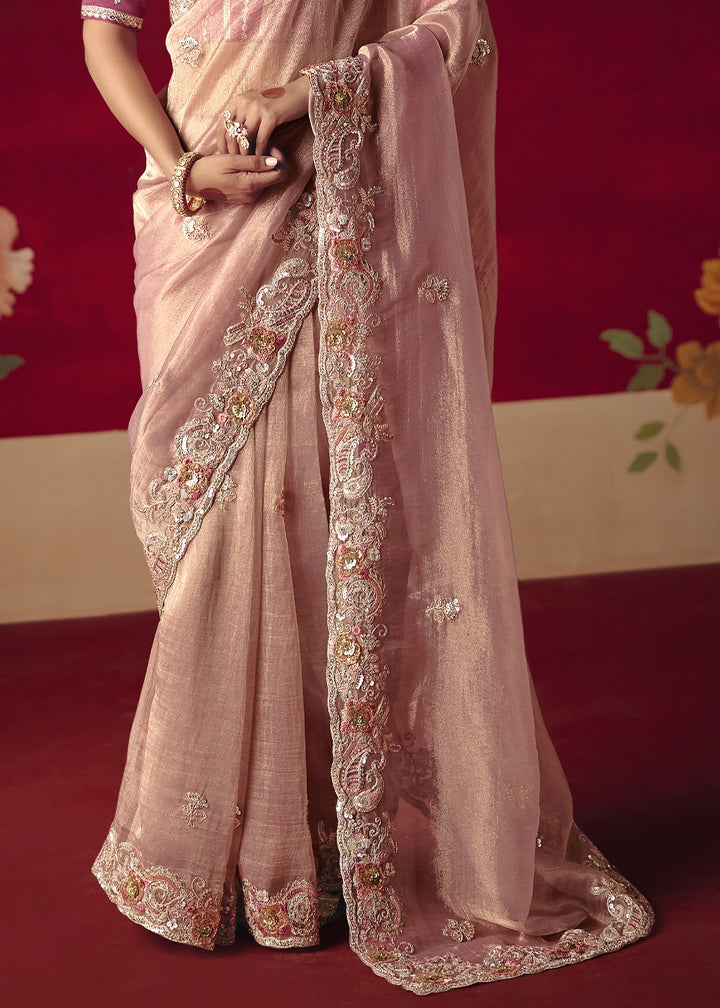 Light Pink Tissue Silk Saree adorned with Sequins and Thread Embroidery