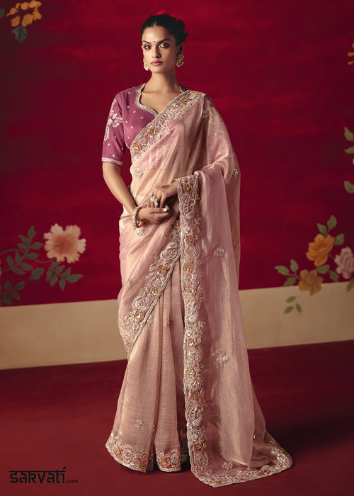 Light Pink Tissue Silk Saree adorned with Sequins and Thread Embroidery